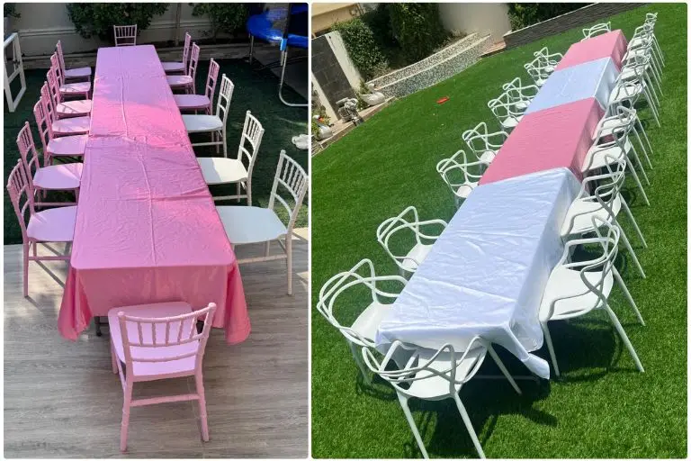 kids arm chairs and tiffany chairs with tables set on an outdoor lawn