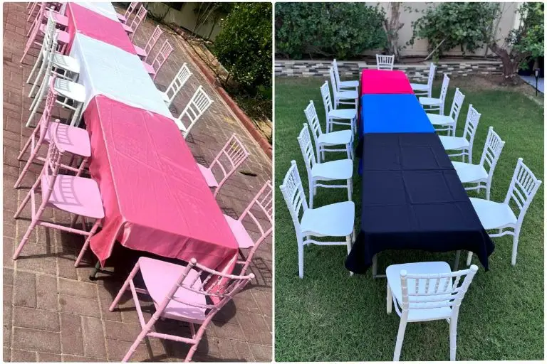 White and Pink tiffany chairs and tables setup