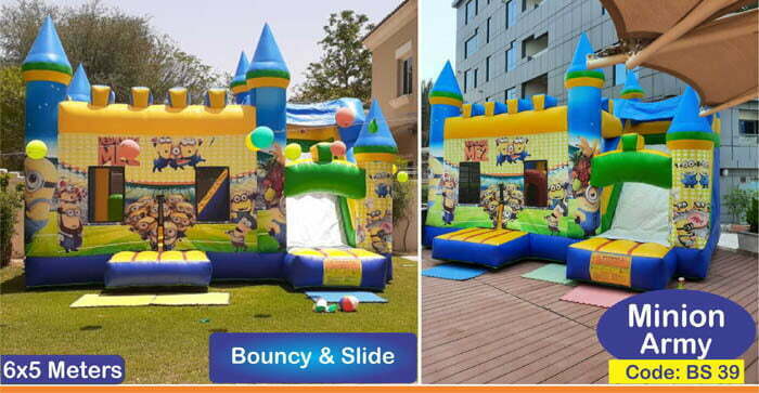 minions-army-on-bouncy-castles-with-slides