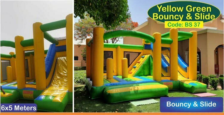Inflatables-yellow-green-bouncy-slides-on-rent